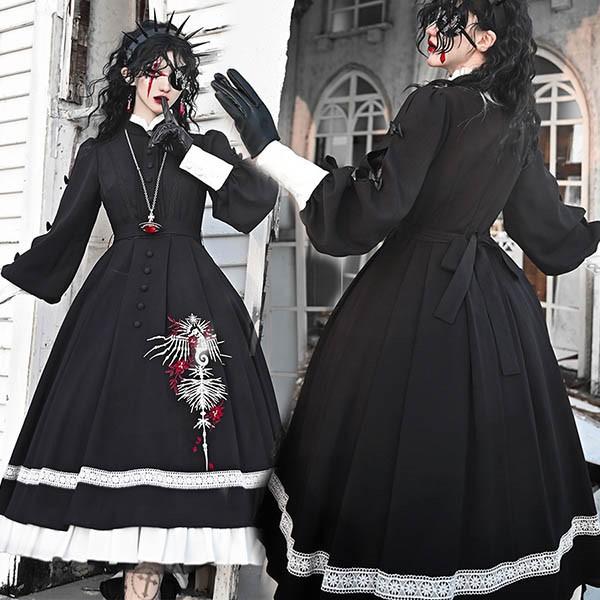 【人気製品 急速出荷】 ワンピース 修道女 ロリータ ゴシック ハロウィン 魔女風 ウイッチ 魔法使い ミモレ丈 レディース ゴスロリ ハイウエスト Aライン コスプレ