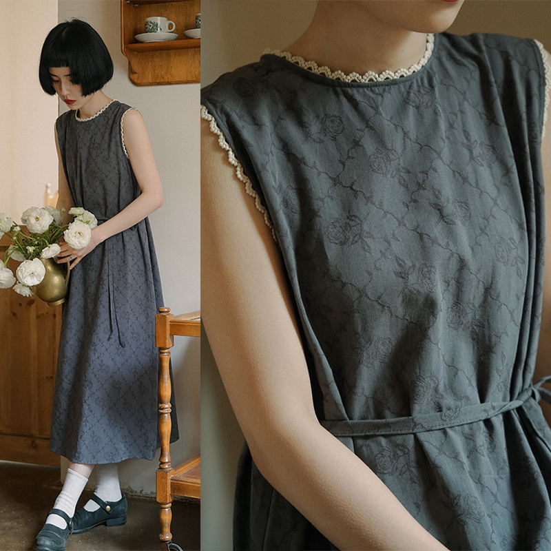 ノースリーブワンピース ロング 亜麻綿 花柄ワンピース レディース 夏 シンプル グレー デート