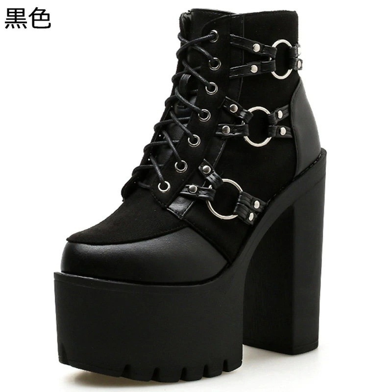 ハイヒール ショートブーツ 15cm パンク チャンキーヒール レディース ブーティ 厚底 身長UP 秋冬 ゴシックパンク プラットフォーム ゴスロリ 疲れにくい 超軽量 舞台 ステージ パーティー