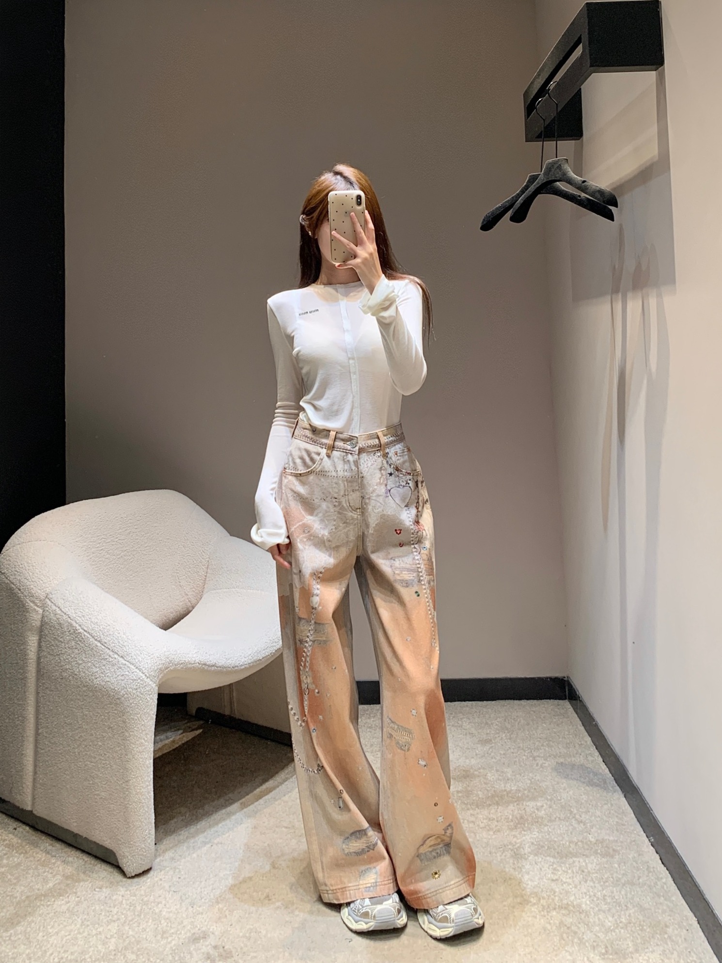 ハートチェーンプリントワイドデニムパンツ