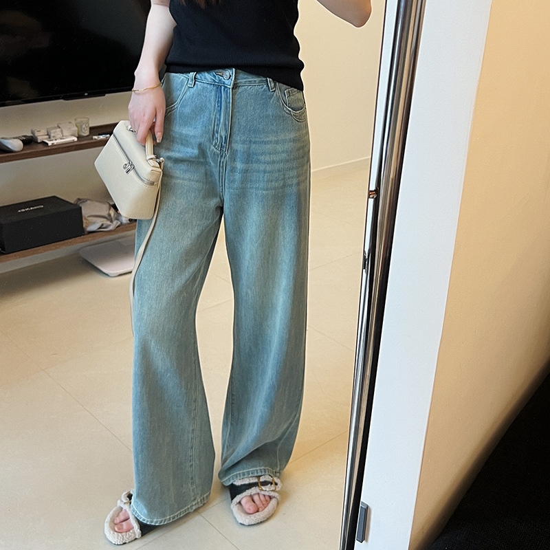 女性用ライトブルーハイウエストジーンズ2024新しいレトロダメージウォッシュルーズスリミングワイドレッグパンツフロアモップパンツ