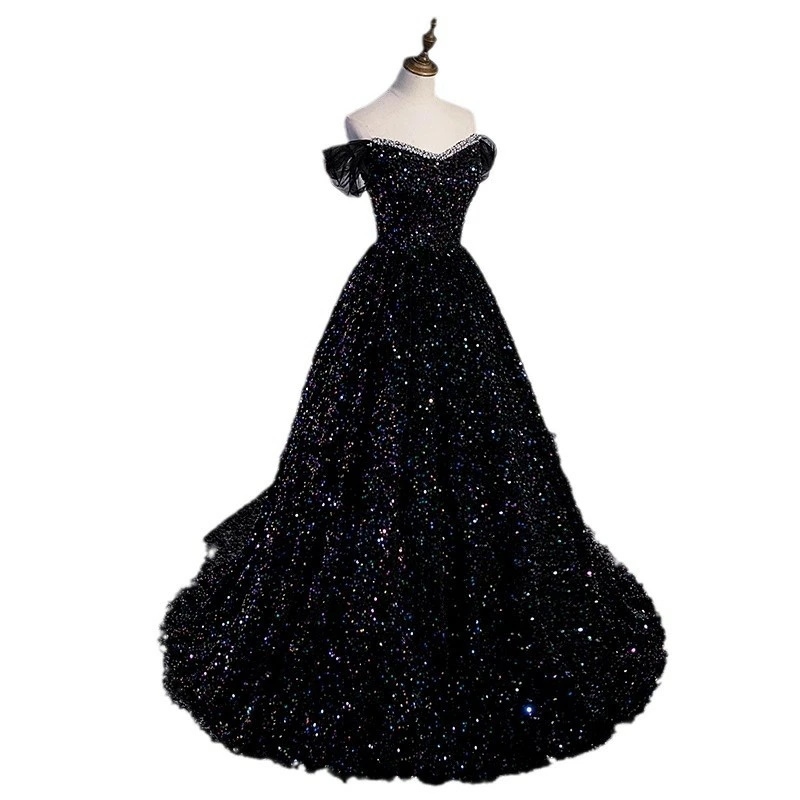 イブニングドレス オフショルダー ブラック キラキラドレス スパンコール 演奏会ドレス 発表会ドレス 黒 オフショル ロングドレス コンサート コンクール コンテスト パーティードレス Vネック Aラ