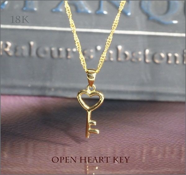 オープン ハート ネックレス キー モチーフ K18 YG 刻印有 No.33 プレゼント 74