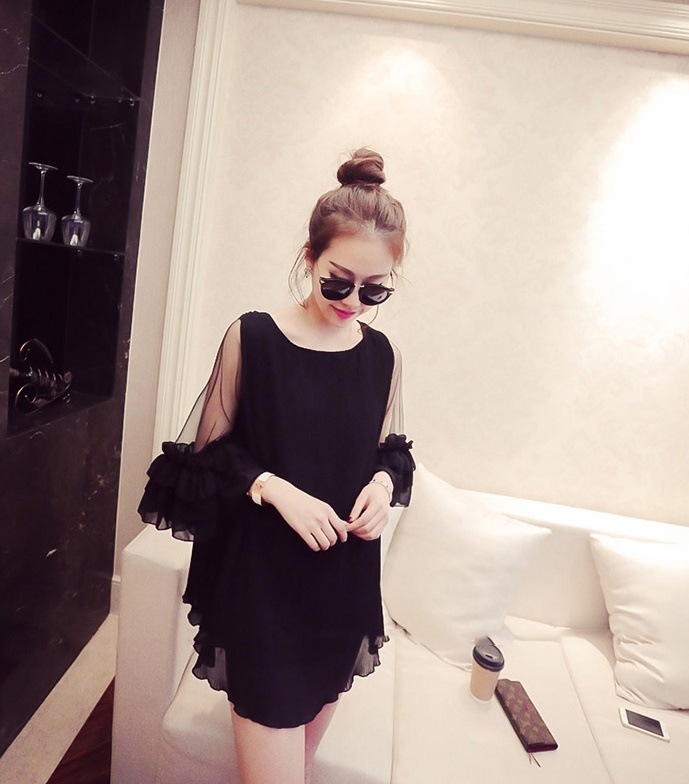 1641.シースルー袖シフォンミニドレス（ブラック）2019 春夏 sale 結婚式 パーティー 二次会 ウエディング 披露宴 お呼ばれ