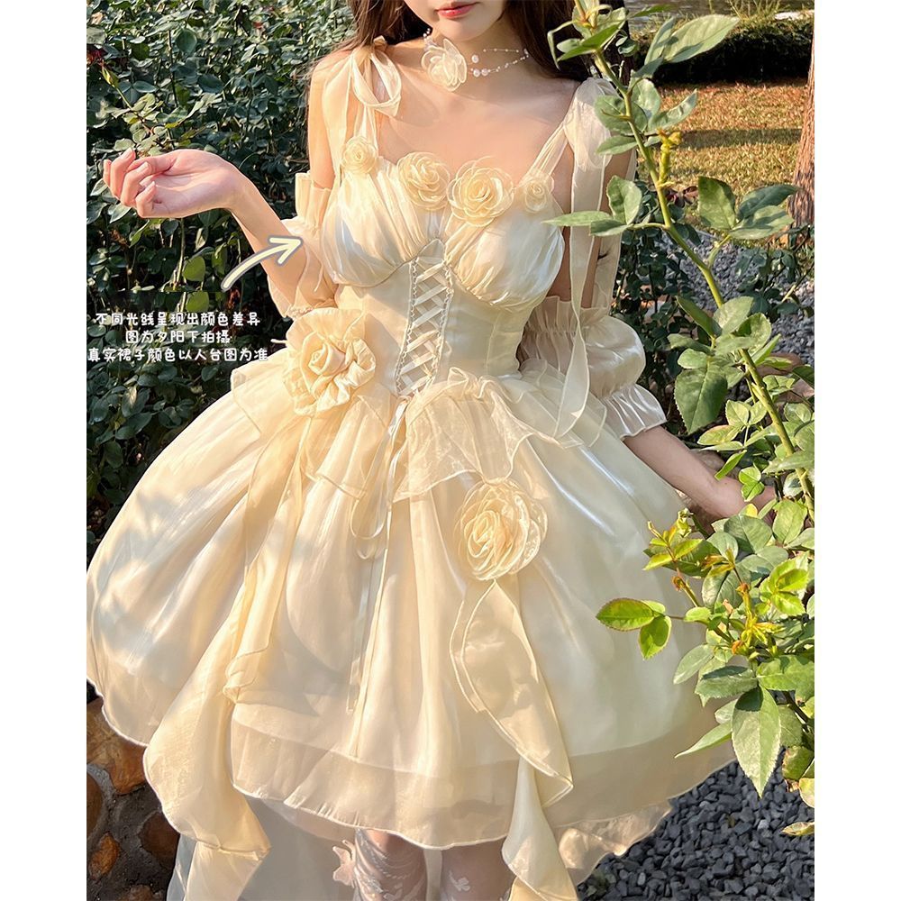 甘いロリアトレーリングふくらんドレススーツ夏の優しいスタイルのドレスロングスカート