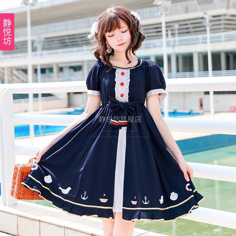 日本のソフトスカートの女性の半袖ドレスネイビースタイルのセーラー服カレッジスタイルのデイリーガールロリータドレス