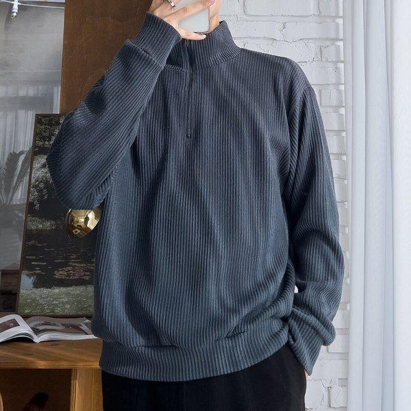 メンズ リブ編み ルーズフィット 裏起毛 ハーフジップ Tシャツ 5C-TSK-Q106-空軍