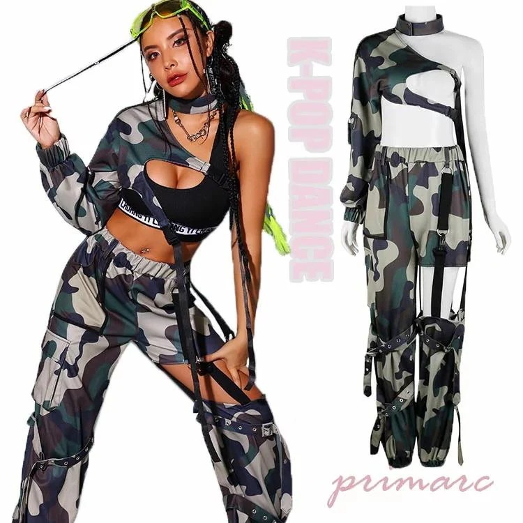 ジャズダンス 衣装 大人 セットアップ レディース K-POP 迷彩柄 へそ出し トップス 片袖 ロングパンツ 韓国 ダンス衣装 大人向け ジャズダンス ダンス衣装 ヒッ