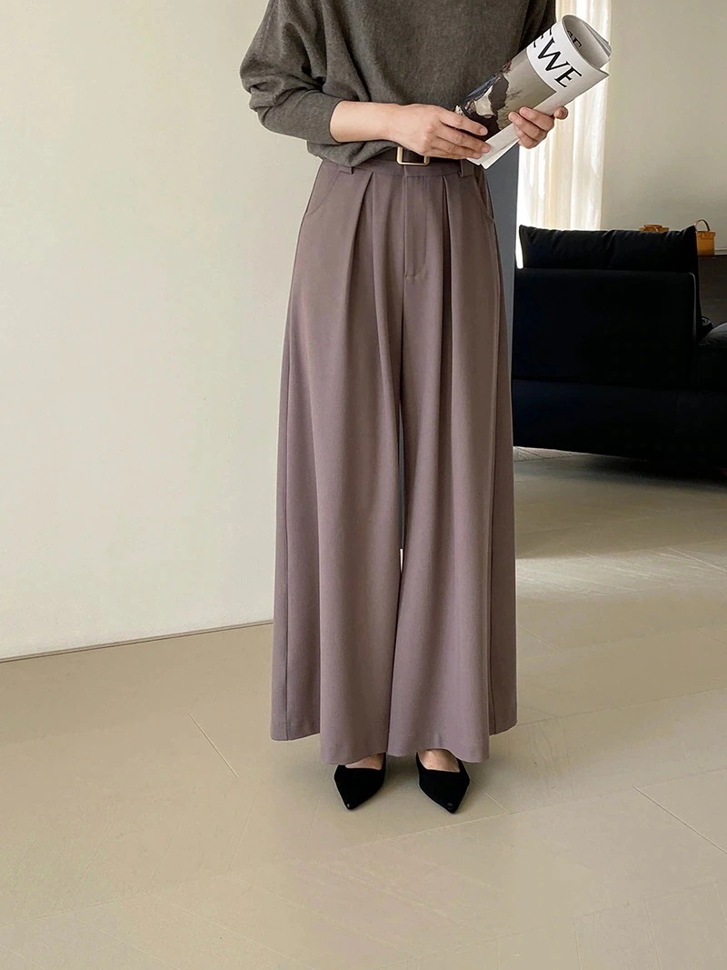 おしゃれ ワイドパンロングパンツ 無地 ハイウエスト ポケット ピンタック ワイド/ルーズ ロングパンツ [2カラー]