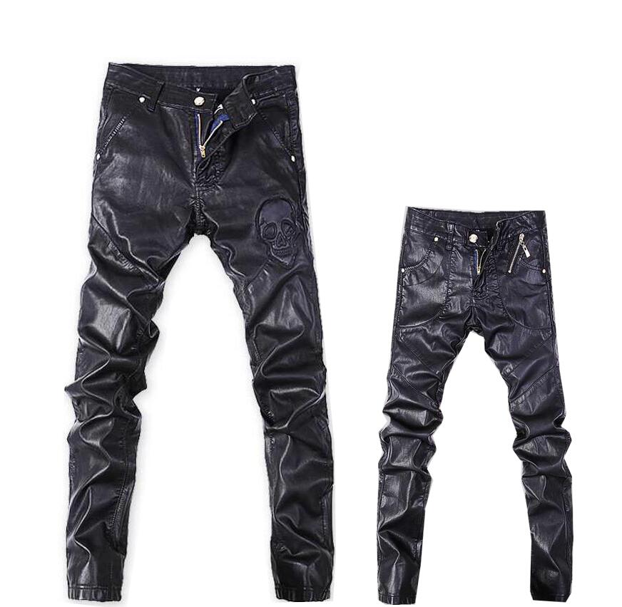 3色　メンズレザーパンツ　スキニーパンツ　レザー調　お兄系革ジャン　皮パン　パンクパンツ　ペンシルパンツ　ロック　ヒップホップ　PU革　スカル　髑髏　スリーシーズン防寒防水