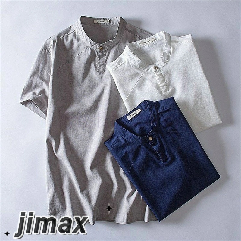 シャツ メンズ 半袖 リネンシャツ ヘンリーネック 無地 白シャツ 夏 バンドカラー プルオーバーシャツ カジュアルシャツ ホワイトデー