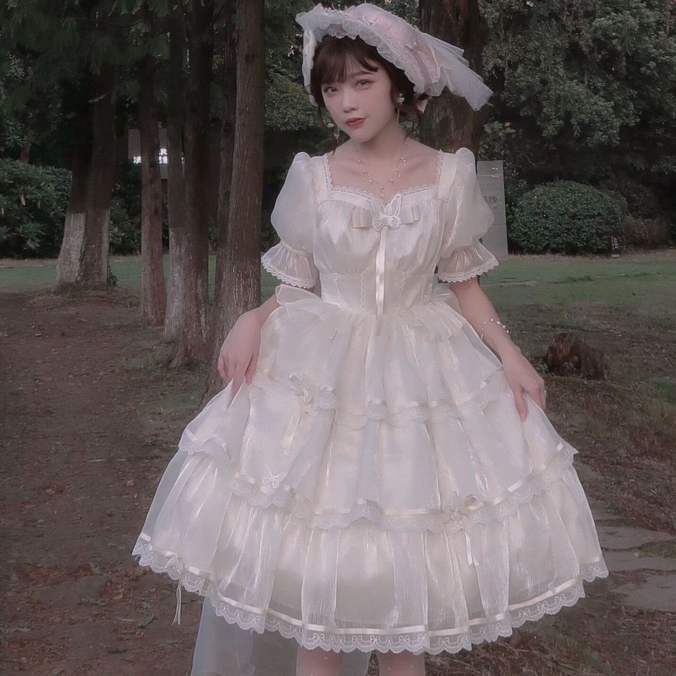 Lolita ドレス半袖op花結婚バブルスリーブトリプルゴージャスサマー