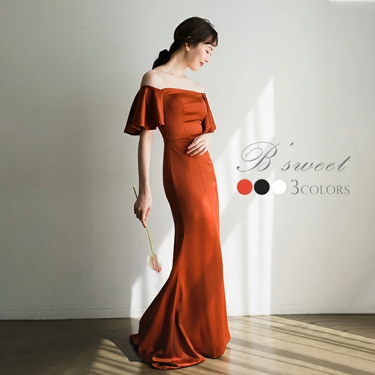 ウェディングドレス 【ファスナー・編み上げ】 フレア袖 マーメイド オフショルダー ドレス【全３色】【wd379ls】