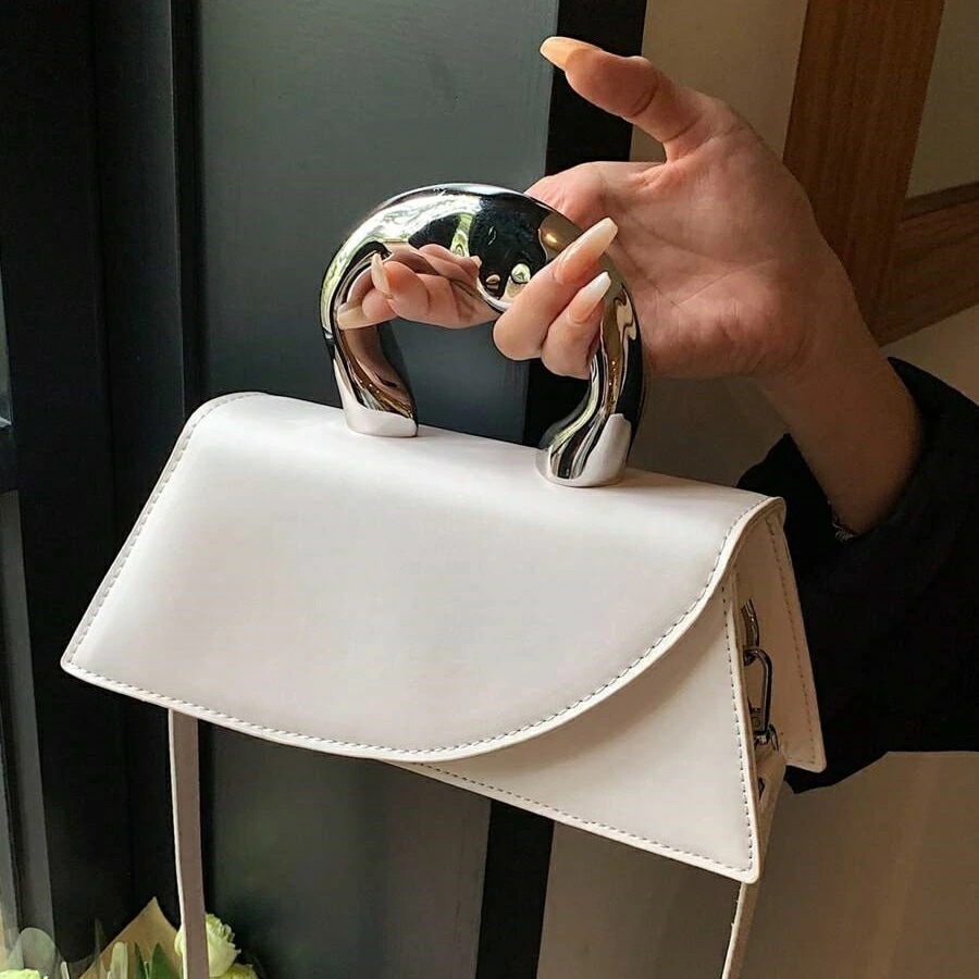 ミディアムフラップバゲットバッグメタルハンドルエレガントトレンディニッチデザインサッチェルバッグトップハンドルフラップ財布ノベルティレディースPUレザー財布