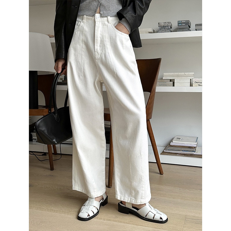 Shi Ye ソリッドカラー ハイウエスト 多目的ジーンズ サーティーン ラインズ レディース ドレープ ストレート スリミング ワイドレッグ 9 ポイント パンツ 02759