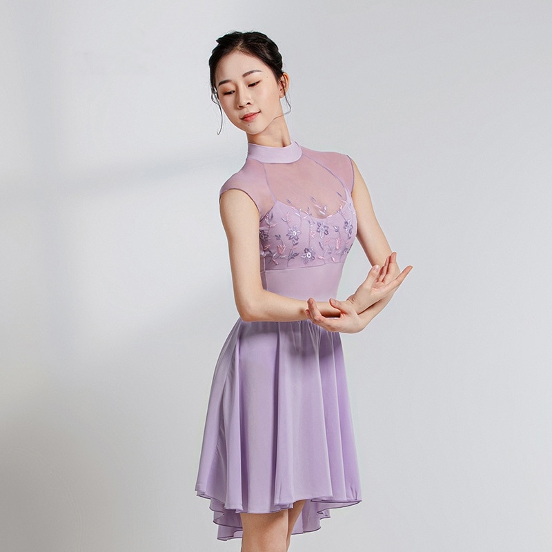 レオタード ダンスウェア バレエ服 レディース ガールス ハイネック フレンチスリーブ ドロップバック 刺繍 花 フラワー 透け感 清楚 50BB1015P バイオレット スカイブルー