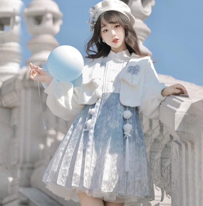 改良版漢服 秋冬 ロリータワンピース かわいい 漢風 ロリータ服 女性 ノースリーブドレス もこもこ ボレロ 2点セット 中華服 秋冬 コスプレ衣装 かわいい 漢風ドレス ブルー