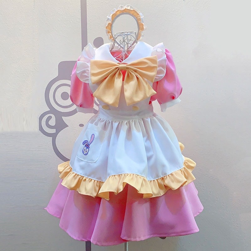 メイド服 ピンク 赤色 黄色 3色選べる 可愛いポケット付けエプロン 短袖スカート