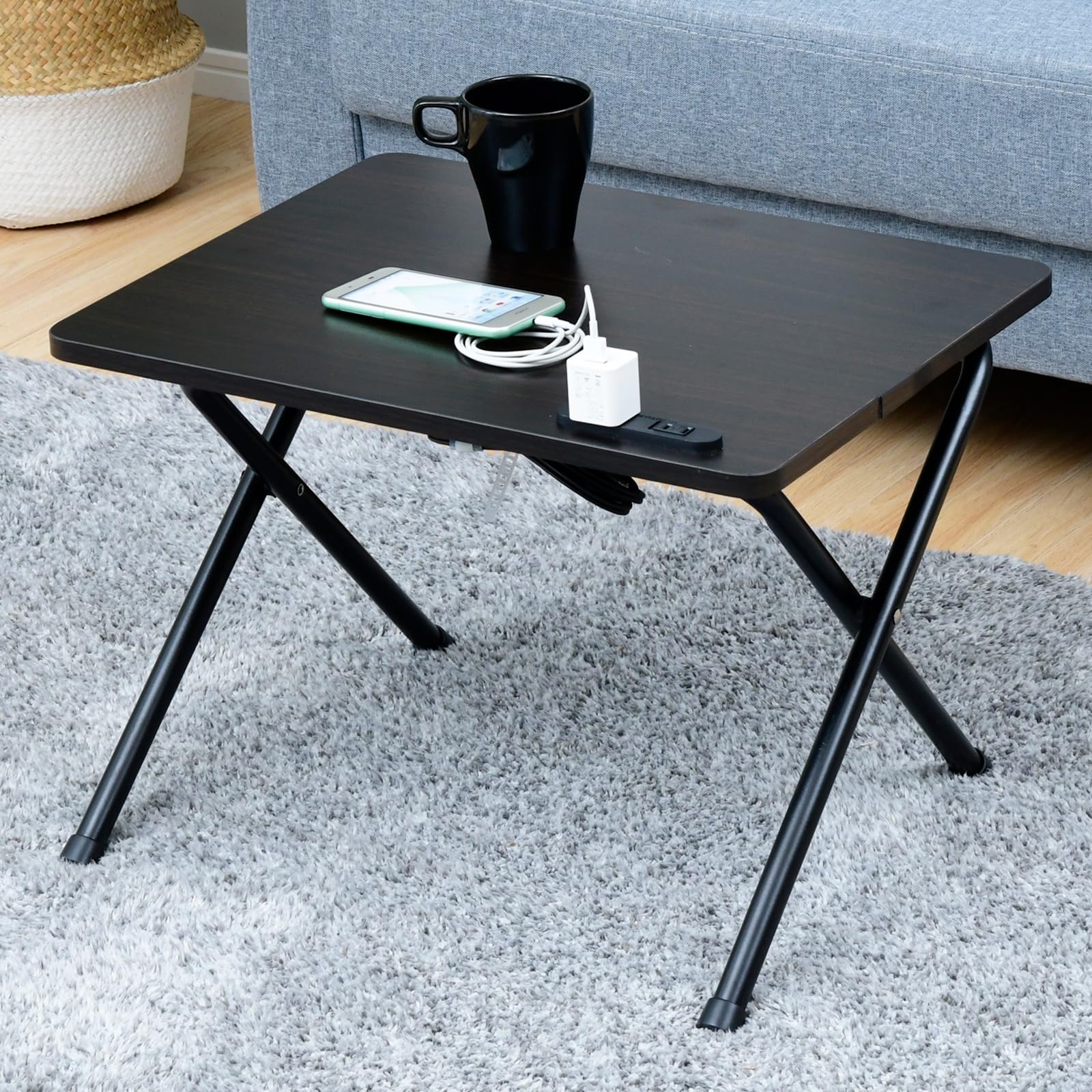 山善 テーブル ローテーブル (ミニ/折りたたみ/コンセント付き) 完成品 幅50奥行44高さ36cm 一人暮らし ダークブラウン/ブラック EYST-5040L(DBR/BK4)