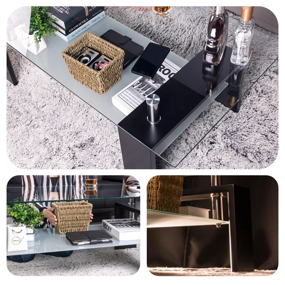 【国内出荷】ガラステーブル コーヒーテーブル 幅88cm 強化ガラス天板 収納付き 二段収納 おしゃれ リビング用テーブル 棚付き 一人暮らしに最適 大容量収納 センターテーブル 木製脚3