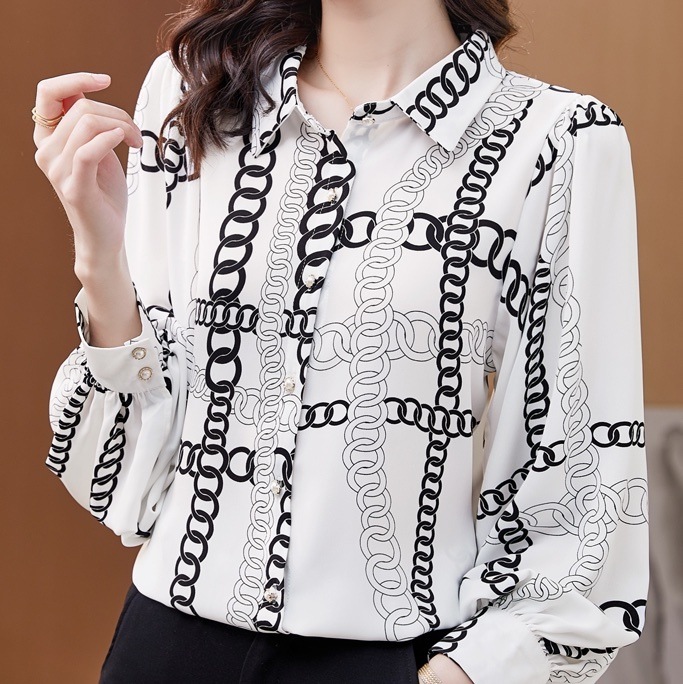 トップス シャツ ブラウス 袖あり 長袖 ボリューム袖 Vネック 襟付き シフォン かわいい 大人可愛い 大人 上品 おしゃれ お洒落 かっこいい レトロ こなれ感 エレガント 柄 春 秋 冬 10代