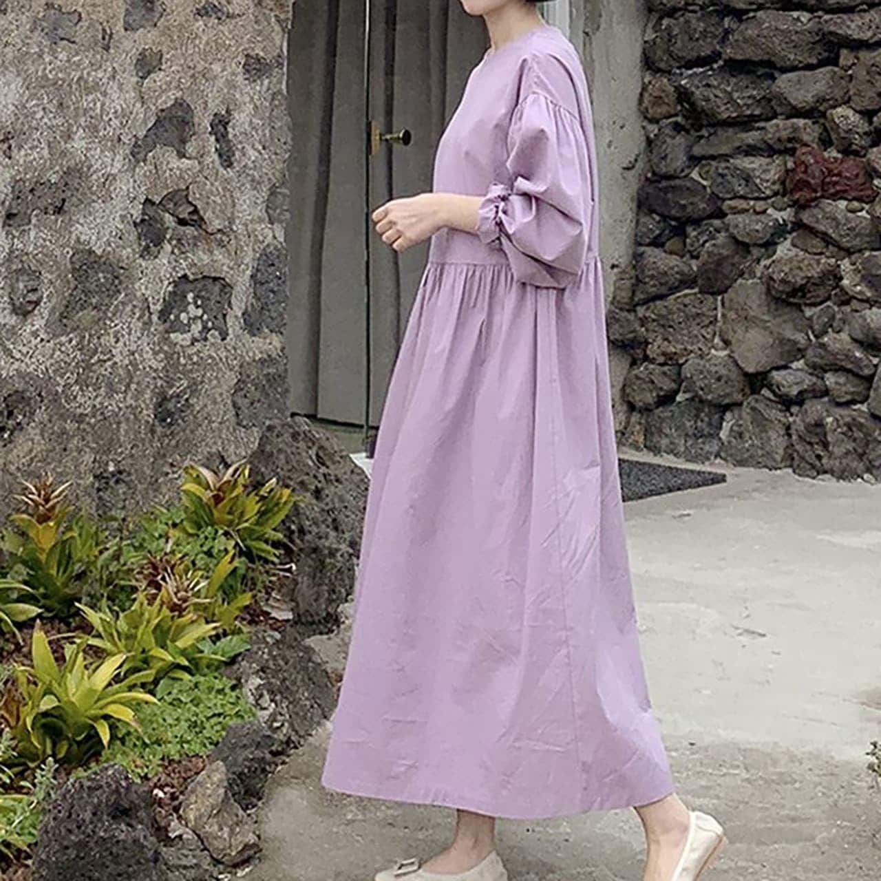 ランタンスリーブロングワンピース ワンピース フレアワンピース ロング ロング丈 袖あり 長袖 ボリューム袖 ラウンドネック フレア 切り替えデザイン 切り替えデザイン 綿 かわいい 大人可愛い