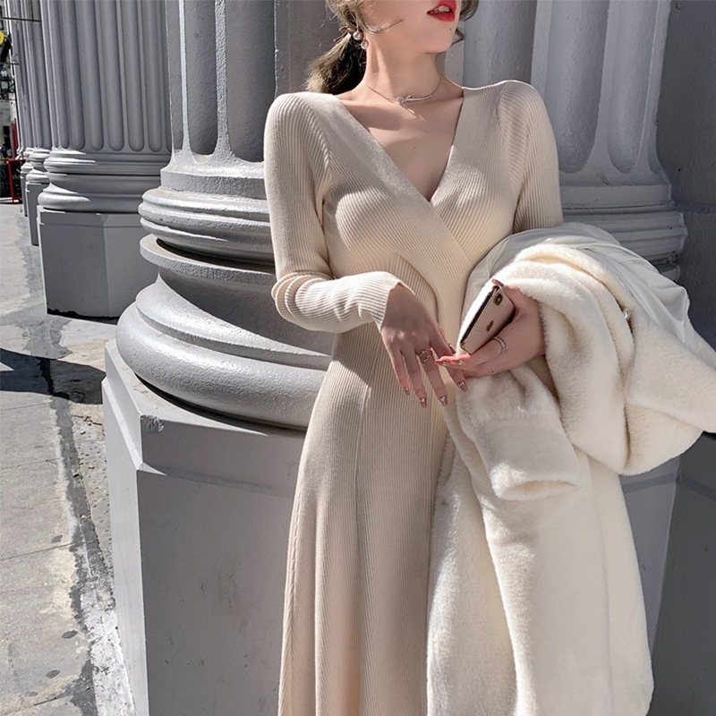 ワンピース 大きいサイズ レディースファッション ミドル丈 ミモレ丈 フレア Aライン 韓国 きれい 上品 リブ 秋 冬 春 着痩せ Vネック スリム XL デート 女子会 クロスデザイン 5,202円