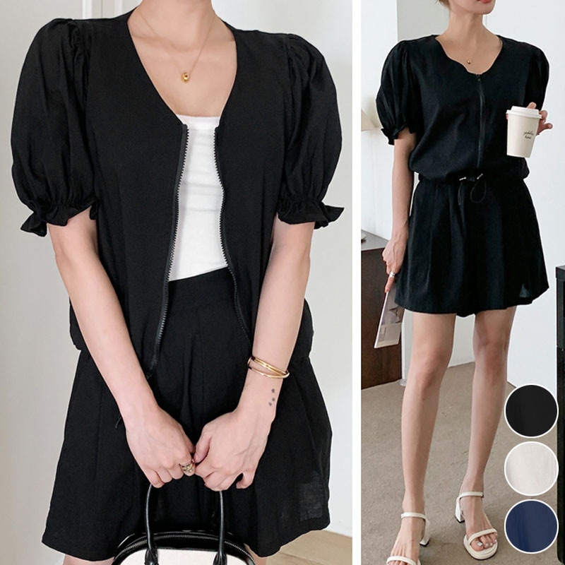 3color シンプル, カジュアルな パフ袖．半袖 ノーカラー Vネック フロントジップ．ジップアップ 裾ストリングトップス＆バックウエストゴム ショートパンツ リネン混 セットアップ．ツーピース