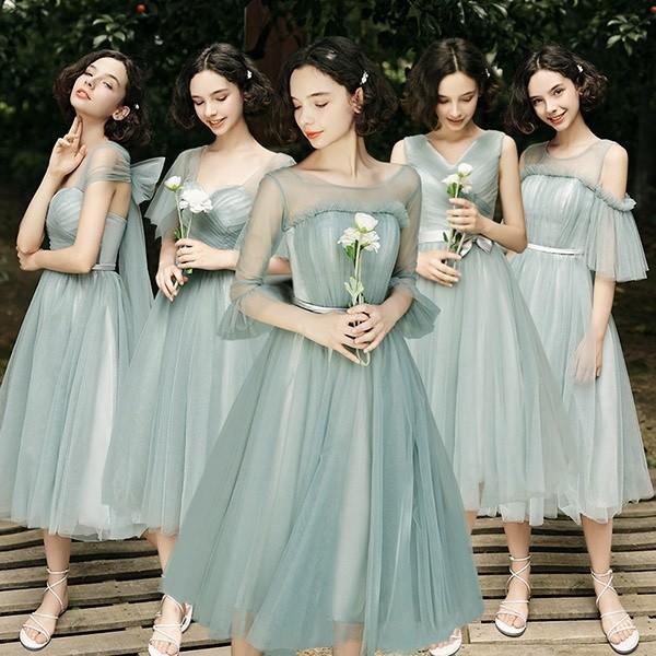 ブライズメイド ドレス ミモレ丈 大きいサイズ 袖あり 体型カバー 大人 フォーマル 結婚式 パーティー 二次会 演奏会 発表会 グリーン