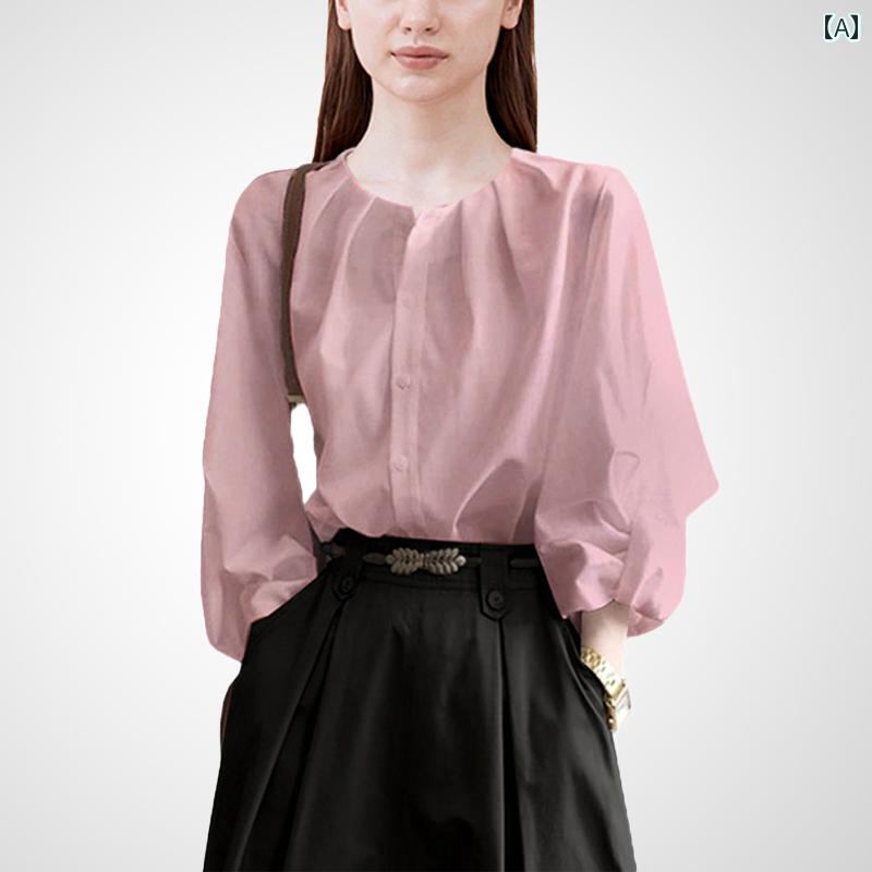 ブラウス レディース 春秋 長袖 パフスリーブシャツ ラウンドネック 隠しボタン カジュアル 婦人服 エレガント 女性らしさ 社交界