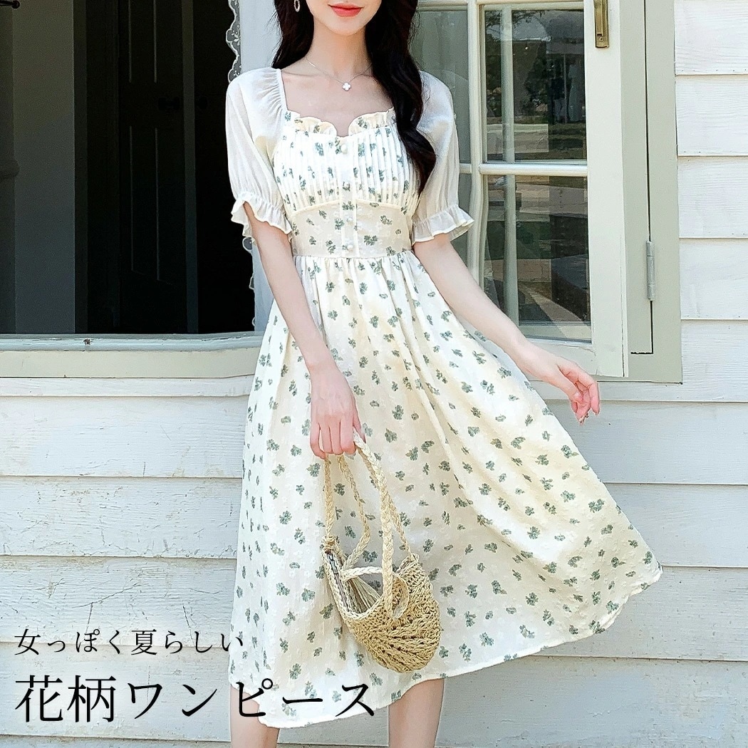 ワンピース 春夏 きれいめ 大人 おしゃれ かわいい 花柄 薄手 透け感 半袖 フリル キャンディスリーブ オフショルダー 2way ピンタック くるみボタン フェイクボタン ペンタゴンネック ウエス