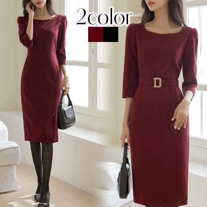 ワンピース 結婚式 ベルトセット 二次会 きれいめ 七分袖 卒園