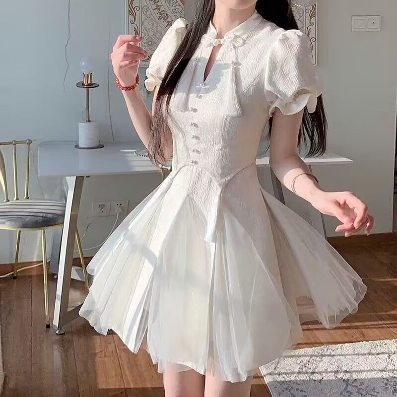 新作 かわいい ドレス チャイナドレス レディース 改良 着痩せ チャイナ風 ワンピース フリンジ バブル袖 ウエスト引き締め ショートドレス 6,028円