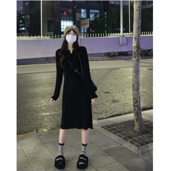 【取寄：納期2週間】ニットワンピース レディース ワンピース ひざ丈ワンピース リブニット 長袖 シンプル 無地 定番 ベーシック カジュアル お出掛け ラウンドネック プルオーバー ボタン