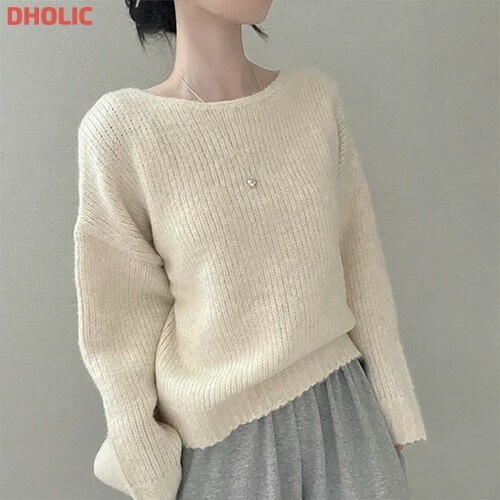 ウール混ボートネックルーズニット