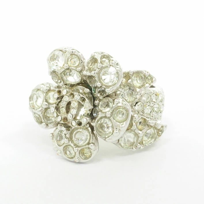 【美品】シャネル ココマーク カメリア ビジュー シルバーカラー ラインストーン 【指輪】