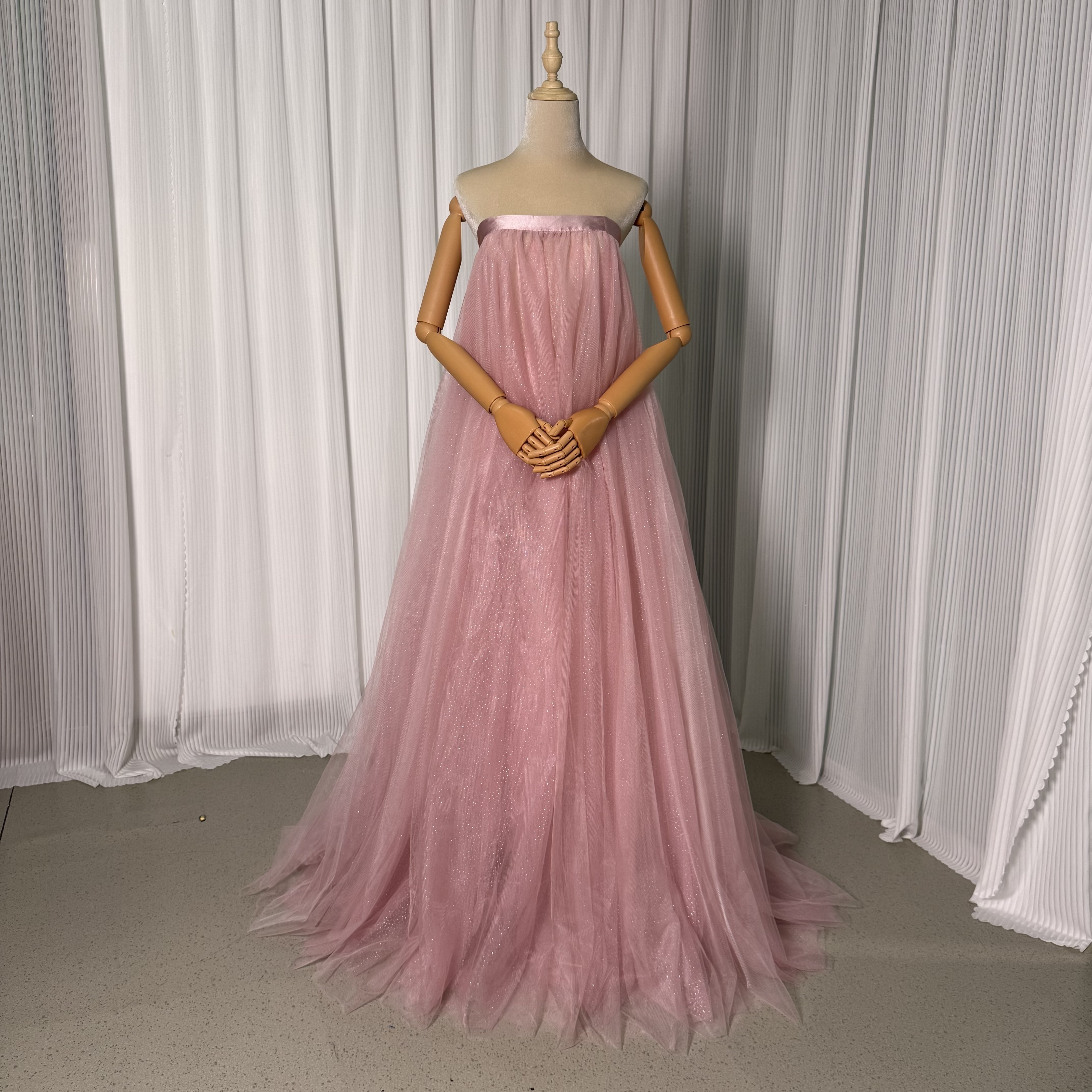 オーバードレス 韓国風 ピンク ベアトップ キラキラグリッターチュール リボン 花嫁/ウェディングドレス 前撮り