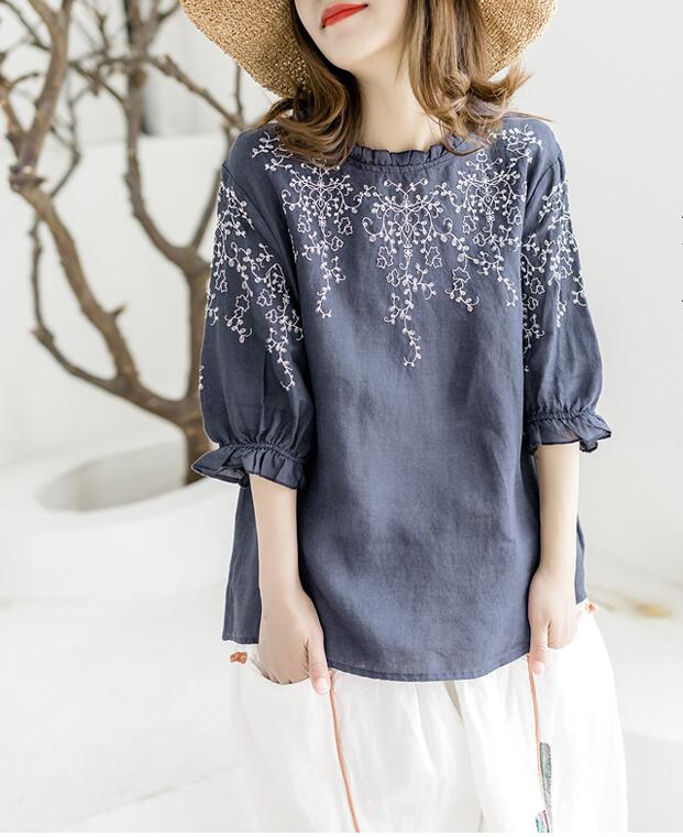 【即日発送】チュニック 女子トップス 女性カットソー レディースチュニック ブラウス 白リネン 五分袖刺繍 プルオーバー バルーン袖 着痩せ 着心地良い