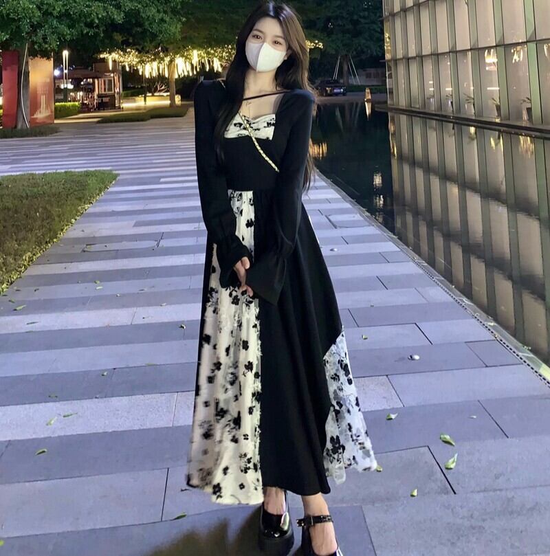 ワンピース レディース ロング 長袖 萌袖 ベルスリーブ スリム 細身 Aライン 切り替え ドッキング 裾ワイド フェミニン 韓国風 ハイウエスト ジャガード 切り替えデザイン かわいい 大人可愛い 5,438円