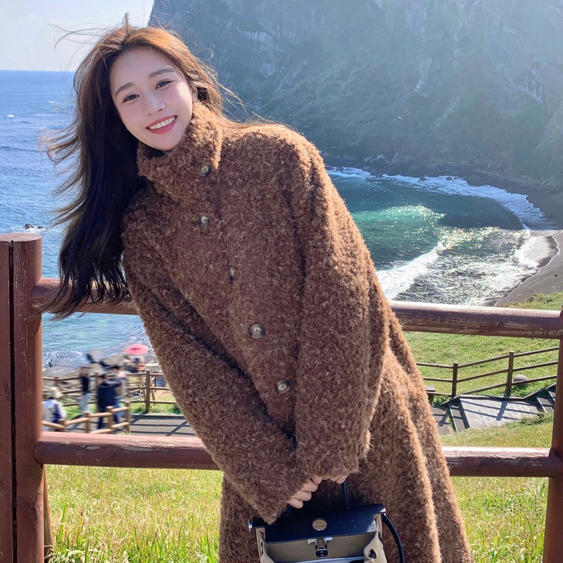 女子開襟パーカーブラウンロングカーディガン 単列ボタン