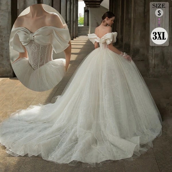 売切必至花嫁 ウェディングドレス オフショルダー 袖あり トレーンドレス Aライン 白ドレス ワンピース プリンセス 結婚式 二次会 披露宴 前撮り 後撮り 撮影用 フォトウェディング 小さいサイズ
