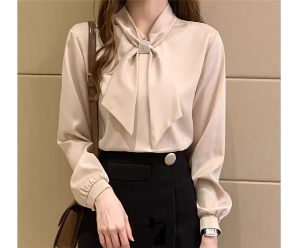 レディース トップス シャツ プルオーバー ミドル丈 長袖 Vネック ボウタイ りぼんタイ ストレート シフォン サテン 大人可愛い きれいめ シンプル 上品 おしゃれ こなれ感 エレガント