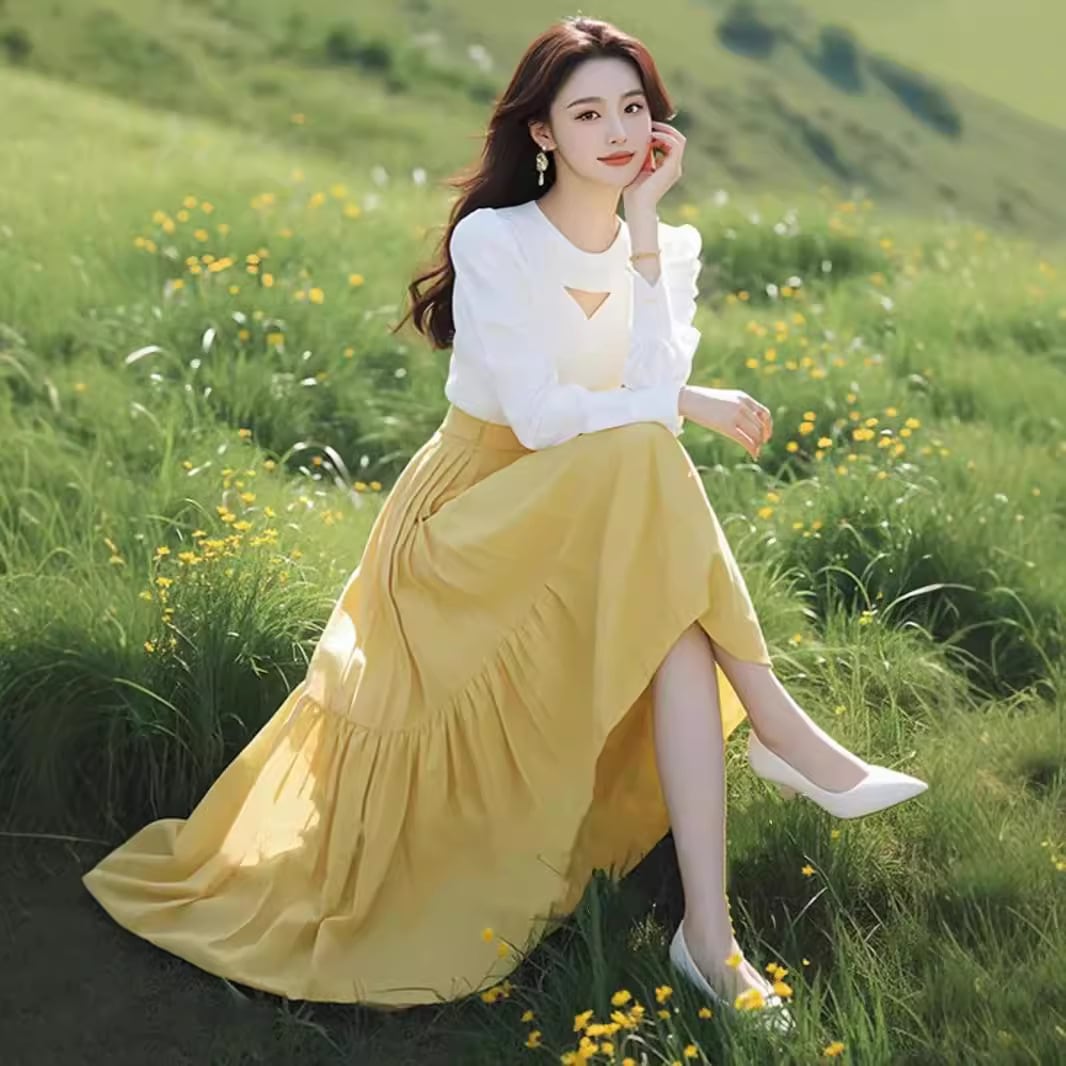 今年人気の高いハイエンドで美しい黄色のシャツドレス韓国の気質優しいスタイル初秋の衣装スーツ