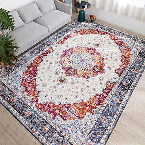 u-living カーペット 3畳 ペルシャ絨毯風 160x230CM 洗える 花柄 ラグ マット ふわふわ 厚手 滑り止め ブルー 撥水効果 防ダニ 防臭 床暖房対応