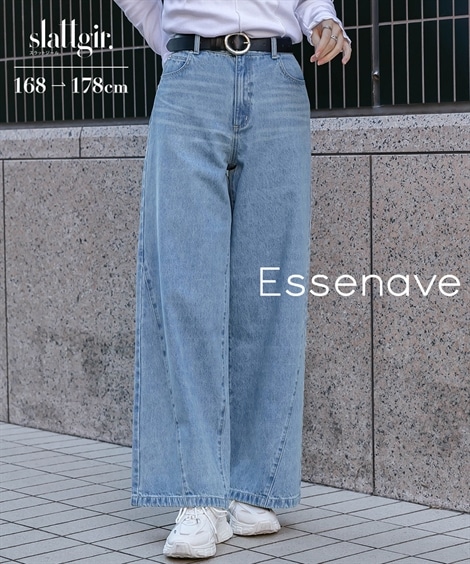 ロングパンツ 高身長　綿１００％サイドＶラインデニムワイドパンツ トールサイズ Essenave