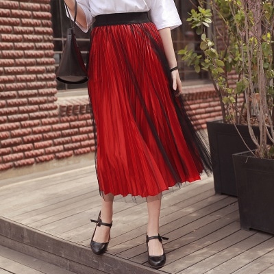 3209.ロング丈 プリーツチュールスカート（レッド）2019 春夏 無地 かわいい お出かけ 普段使い