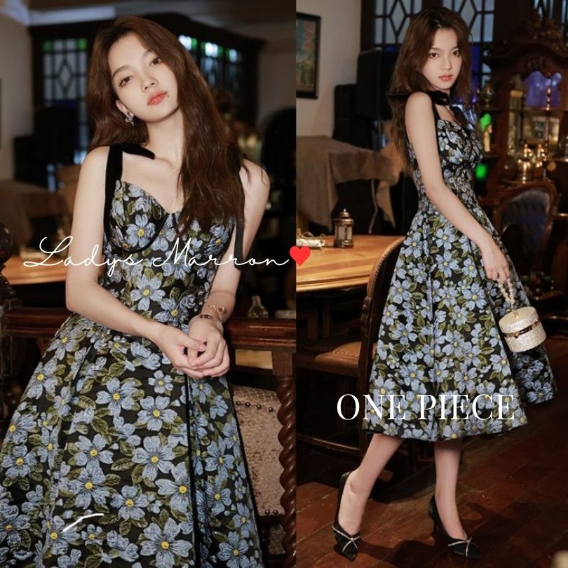 2点購入で200円割引期間限定オファー 花柄ワンピース夏 韓国 黒 肩リボン レトロワンピース はながら 花柄キャミワンピース 夏のワンピース リゾートワンピース 半袖 20代 30代 春 夏 個性的