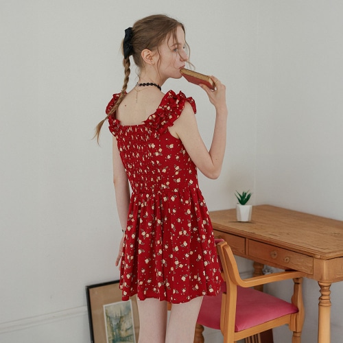 DUNDROP DD_ラッフルネック花柄ミニドレス_レッド