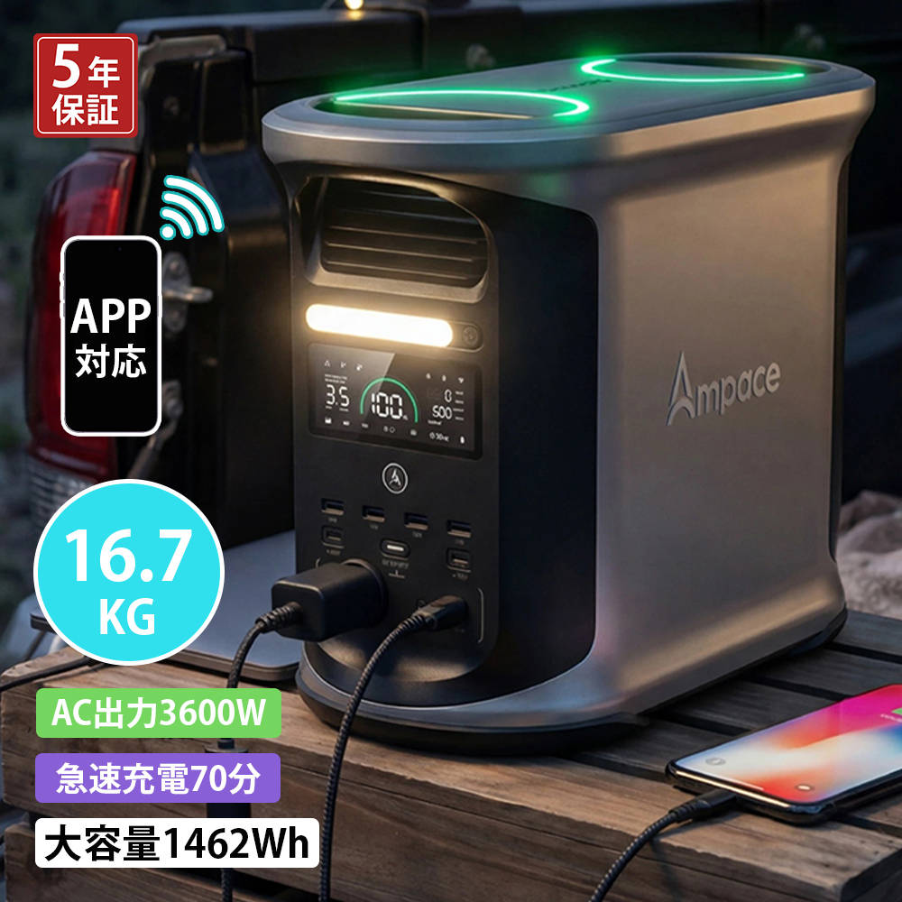 ポータブル電源 蓄電池 発電機 家庭用 コンパクト 出力 2000W 容量 1462WH 非常用電源 災害対策 大容量 ANDES 1500 蓄電池 発電機 ポータブルバッテリー 急速充電 車中泊 停