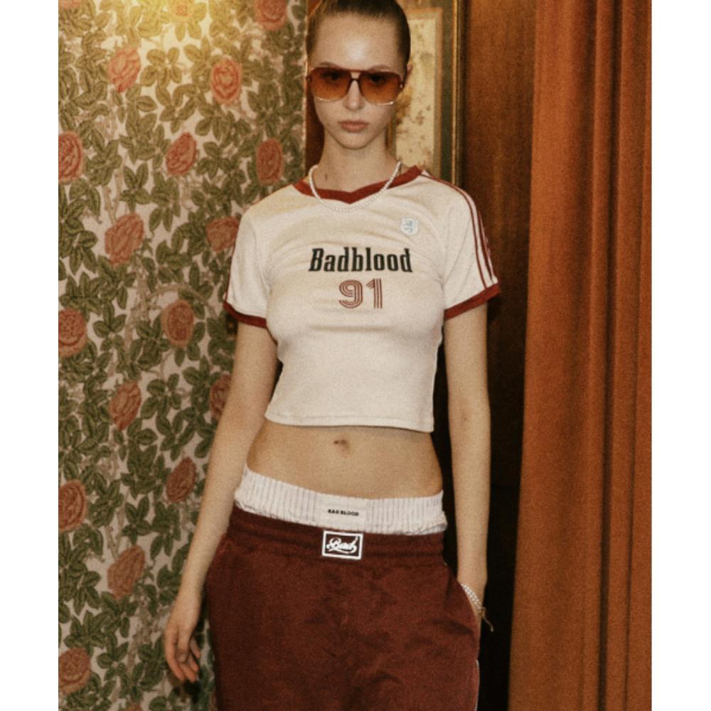 BADBLOOD Vintage Club V-Neck Jersey T-Shirt Cream w-tee2